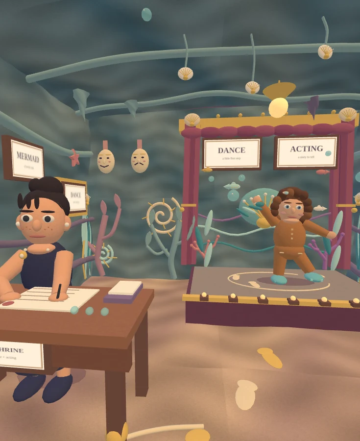 Jane at the signup desk while Zephrine dances on a small stage